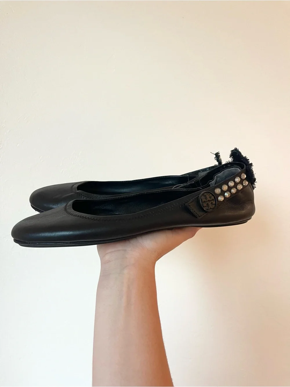 Tory Burch Minnie Black Leather Convertible Crystal Embellished Ballet Flats 10